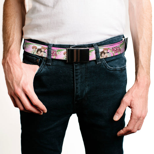 Web Belt Blank Black Buckle - OURAN HIGH SCHOOL HOST CLUB Haruhi and Hitachiin Twins Lilies Pose and Title Logo Pinks Webbing