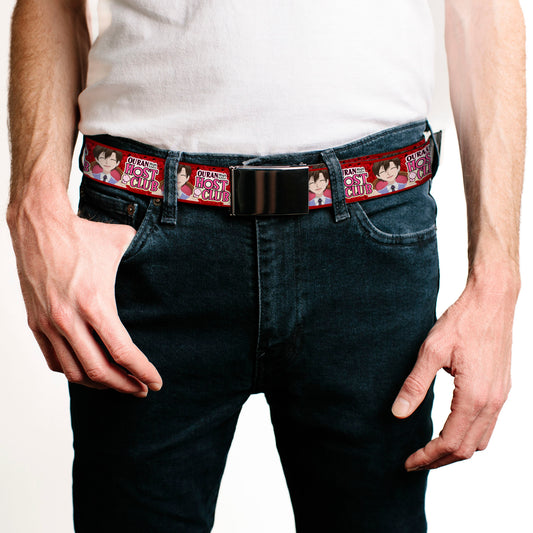 Web Belt Blank Black Buckle - OURAN HIGH SCHOOL HOST CLUB Haruhi Smiling Pose with Roses and Title Logo Reds Webbing