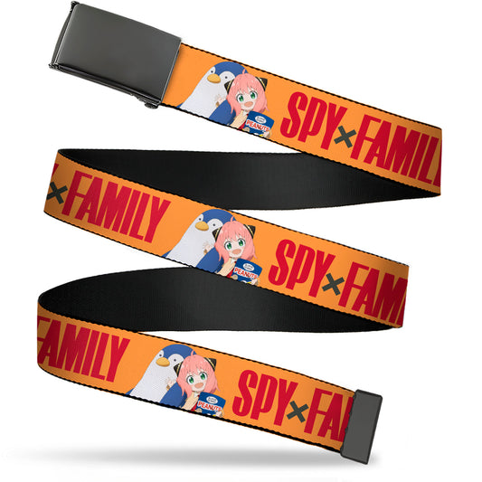 Web Belt Blank Black Buckle - SPY x FAMILY Anya with Agent Penguinman Pose and Title Logo Orange Webbing