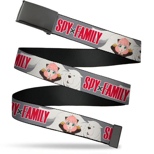 Web Belt Blank Black Buckle - SPY x FAMILY Anya with Bondo Dog Pose and Title Logo Orange Webbing