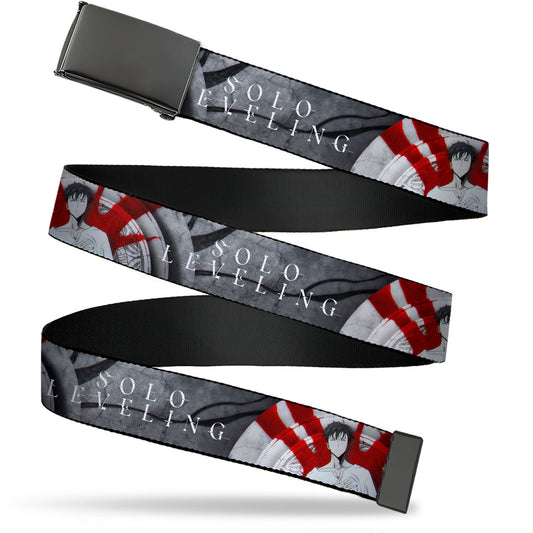 Web Belt Blank Black Buckle - SOLO LEVELING Sung Jinwoo Anime Expo Pose Grays/Red Webbing