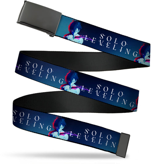 Web Belt Blank Black Buckle - SOLO LEVELING Sung Jinwoo Dagger Pose and Title Logo Blues Webbing