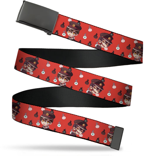 Web Belt Blank Black Buckle - After-School Hanako-Kun Hanako Poses and Hakujouda Orbs Red Webbing