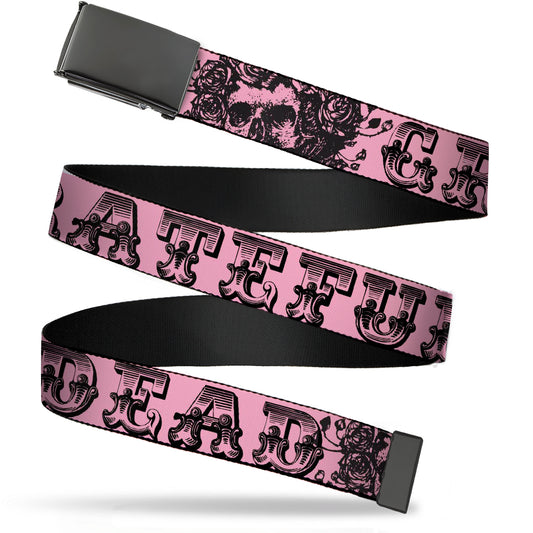 Web Belt Blank Black Buckle - Grateful Dead Text w/Skull & Roses Pink Webbing
