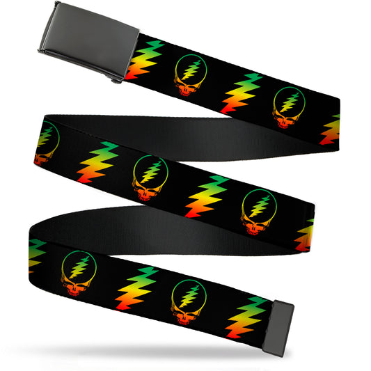 Blank Black BO Buckle - Steal Your Face w Lightning Bolt Repeat Black Rasta Webbing