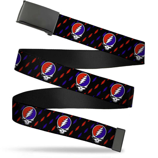 Blank Black BO Buckle - Steal Your Face Repeat w Mini Lightning Bolt Black Red White Blue Webbing
