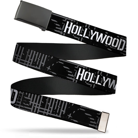 Black Buckle Web Belt - HOLLYWOOD UNDEAD Text Logo/Striping Black/Gray/White Webbing