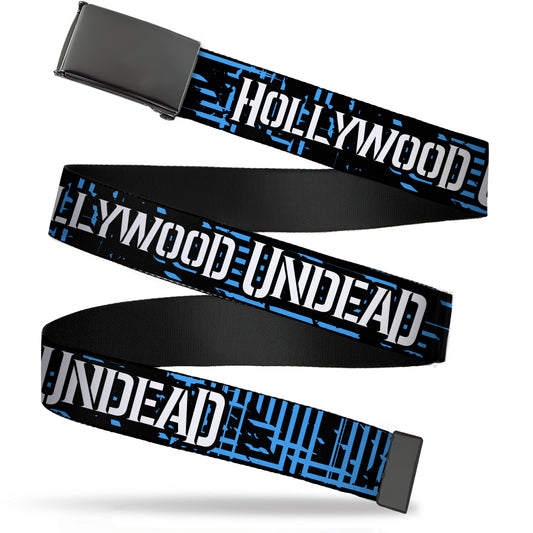 Black Buckle Web Belt - HOLLYWOOD UNDEAD Text Logo/Striping Black/Blue/White Webbing