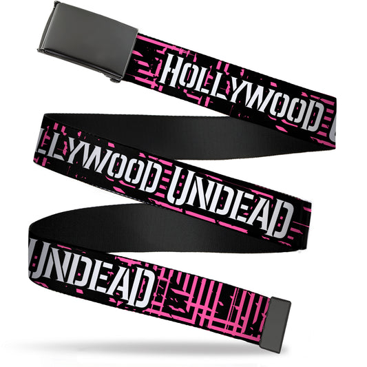 Black Buckle Web Belt - HOLLYWOOD UNDEAD Text Logo/Striping Black/Pink/White Webbing