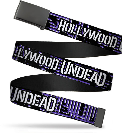 Black Buckle Web Belt - HOLLYWOOD UNDEAD Text Logo/Striping Black/Purple/White Webbing