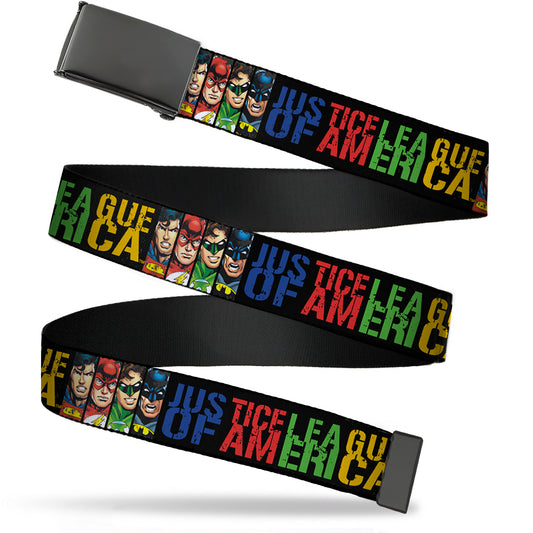 Chrome Buckle Web Belt - JUSTICE LEAGUE OF AMERICA w/Superhero Blocks Black/Multi Color Webbing