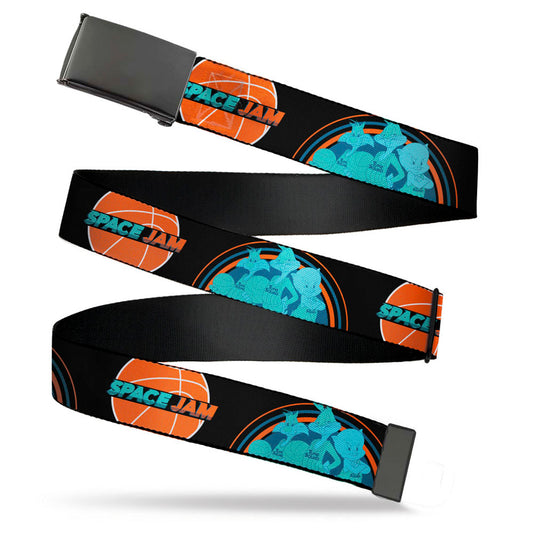 Black Buckle Web Belt - SPACE JAM 2 Basketball Logo and Tune Squad 3-Character Group Pose Black/Blues/Orange Webbing