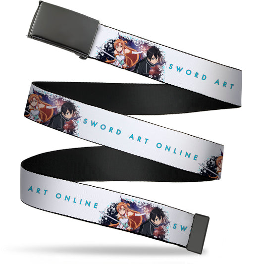 Web Belt Blank Black Buckle - SWORD ART ONLINE Asuna and Kirito Action Pose and Title Logo White Webbing