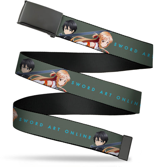 Web Belt Blank Black Buckle - SWORD ART ONLINE Kirito and Asuna Pose and Title Logo Gray Webbing