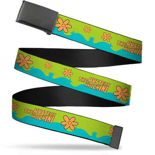 Web Belt Blank Black Buckle - Scooby Doo THE MYSTERY MACHINE Paint Job Green/Aqua/Orange Webbing