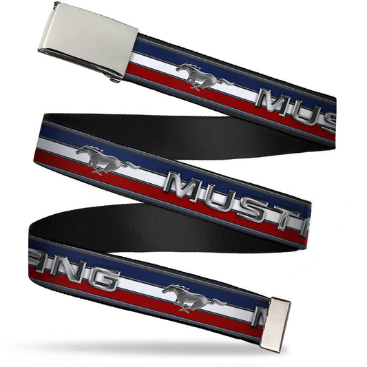 Web Belt Blank Chrome Buckle - Mustang/Text w/Tri-Bar Stripe Webbing