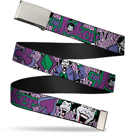 Web Belt Chrome Buckle - Joker Face/Logo/Spades Black/White/Purple Webbing