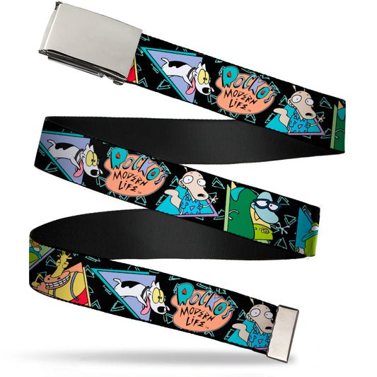 Web Belt Blank Chrome Buckle - ROCKO'S MODERN LIFE Character Portraits/Triangles Black/Blue Webbing