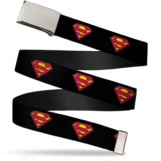 Web Belt Blank Chrome Buckle - Superman Shield Black Webbing