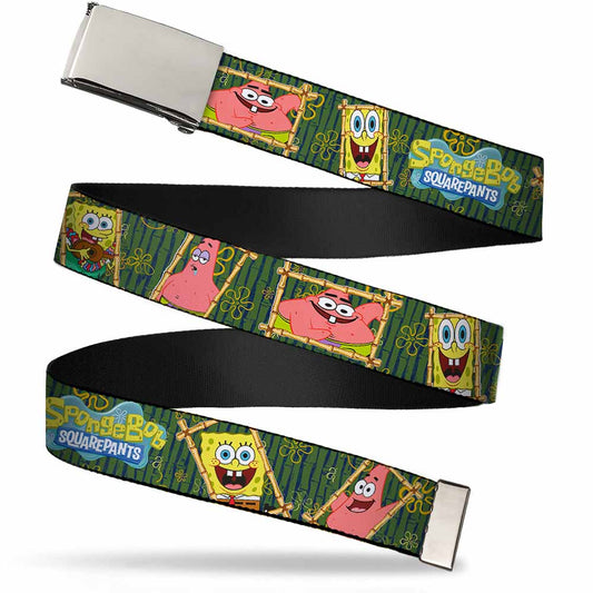 Chrome Buckle Web Belt - Sponge Bob & Patrick Starfish Bamboo Frames/Logo Webbing