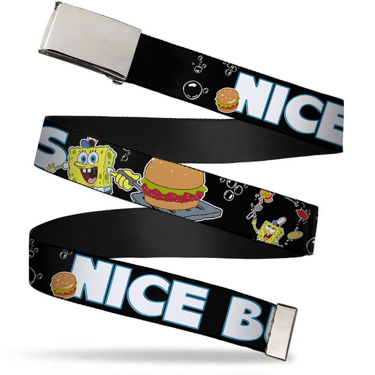 Chrome Buckle Web Belt - Sponge Bob & Krabby Patty NICE BUNS Webbing