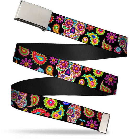 Chrome Buckle Web Belt - Bobo Sugar Skull/Paisley Black/Multi Color Webbing