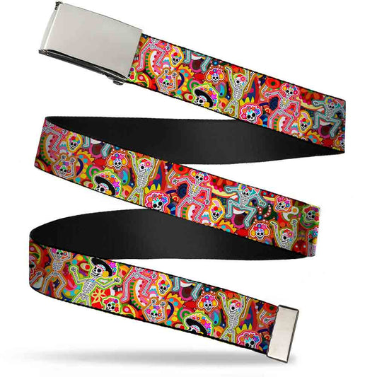 Chrome Buckle Web Belt - Dancing Catrinas Collage Multi Color Webbing