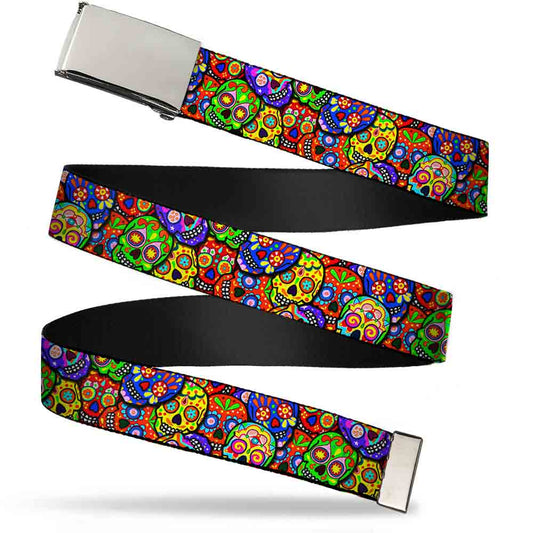 Chrome Buckle Web Belt - Colorful Calaveras Stacked Multi Color Webbing