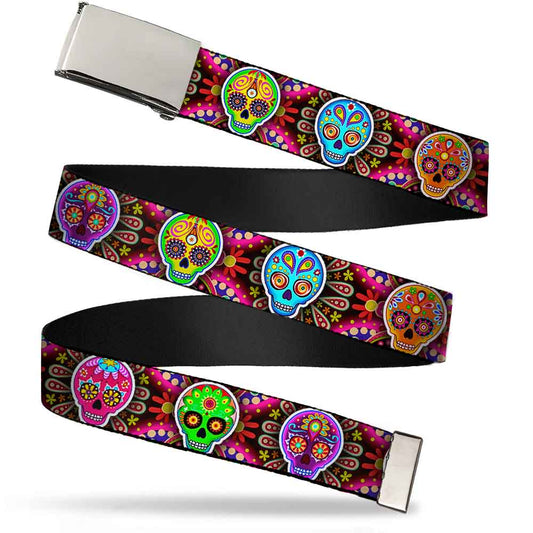Chrome Buckle Web Belt - Six Sugar Skulls Multi Color Webbing