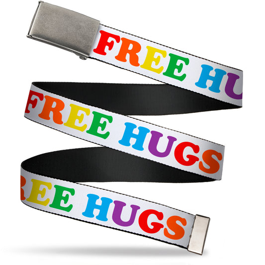 Web Belt Blank Matte Buckle - FREE HUGS White/Multi Color Webbing