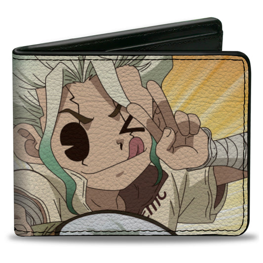 Bi-Fold Wallet - DR. STONE Chibi Senku Ishigami Peace Pose and Title Logo Yellows