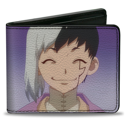 Bi-Fold Wallet - DR. STONE Gen Asagiri Smiling Pose and Title Logo Purples