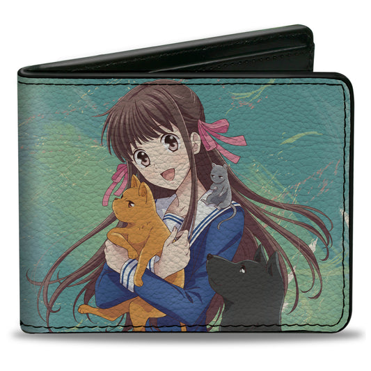 Bi-Fold Wallet - Fruits Basket Kyo Yuki and Tohru with Cat Rat and Dog Group Pose Greens/Blues