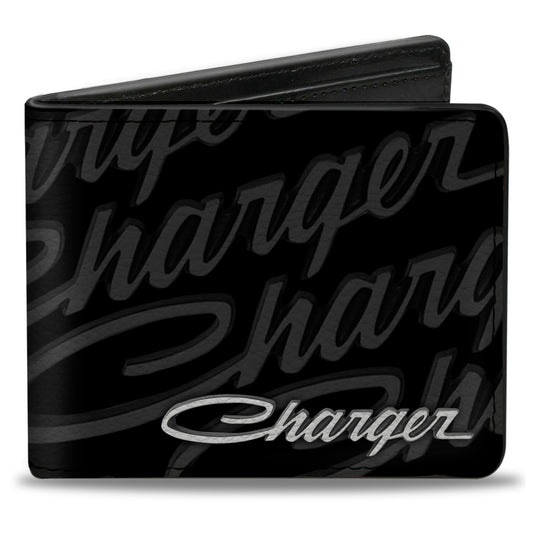 Bi-Fold Wallet - CHARGER Script Emblem Repeat Corner Black Grays White