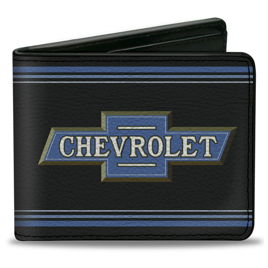 Bi-Fold Wallet - 1916 Chevrolet Bowtie Logo Stripes Black Blue