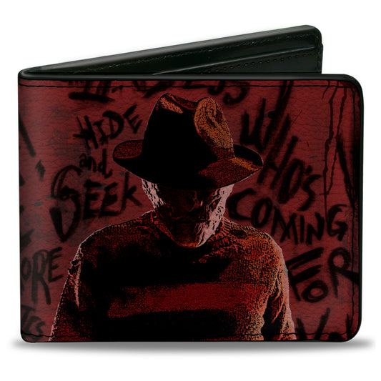 Bi-Fold Wallet - Freddy Pose2 + Hand Scratching Quote Scrawls Reds Black