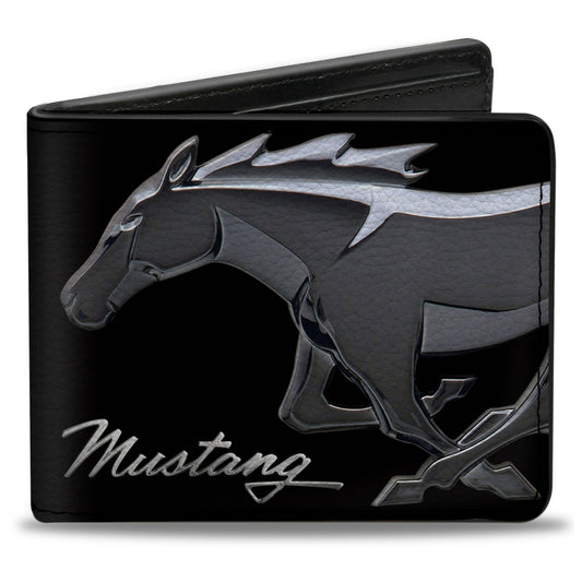 Bi-Fold Wallet - Mustang Chrome Pony MUSTANG Script Black Silver