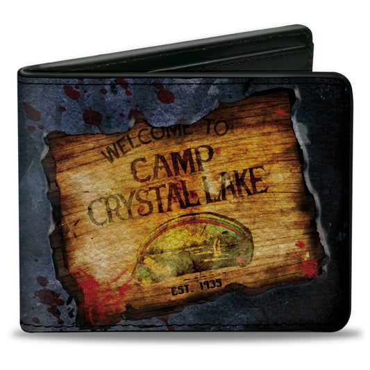 Bi-Fold Wallet - Friday the 13th WELCOME TO CAMP CRYSTAL LAKE Sign Trees Grays Blood Splatter
