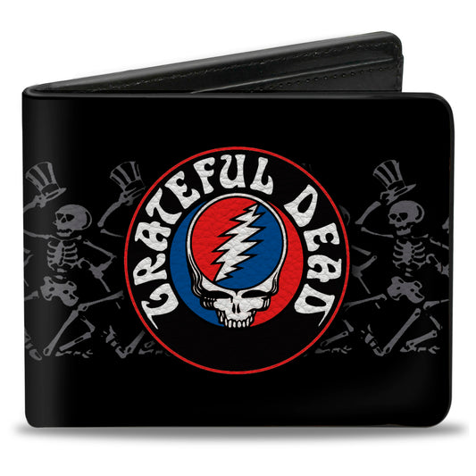 Bi-Fold Wallet - GRATEFUL DEAD Steal Your Face Logo Dancing Skeletons Black Gray Red White Blue