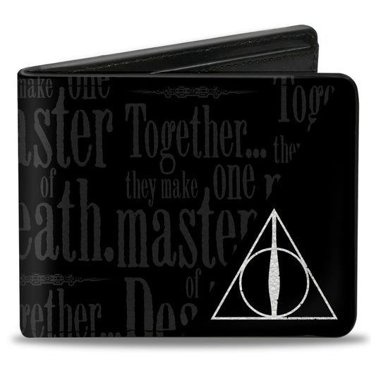 Bi-Fold Wallet - TOGETHER...THEY MAKE ONE MASTER OF DEATH. Deathly Hallows Symbol + HP Logo Black Grays White