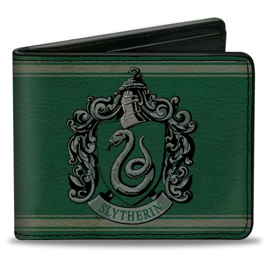 Bi-Fold Wallet - SLYTHERIN Crest Stripe6 Weathered Greens Grays