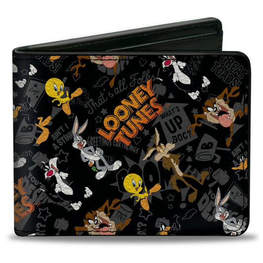 Bi-Fold Wallet - LOONEY TUNES 6-Character Poses Elements Scattered Black Gray Oranges