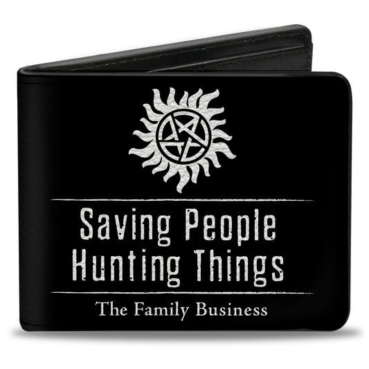 Bi-Fold Wallet - Winchster Pentagram SAVING PEOPLE HUNTING THINGS-THE FAMILY BUSINESS + Logo Black White