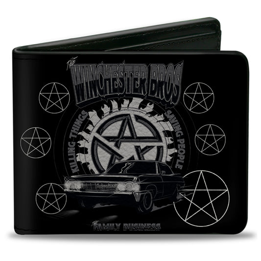 Bi-Fold Wallet - Supernatural THE WINCHESTER BROS Impala Pentagrams Scattered Black Grays White