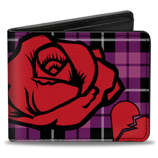 Bi-Fold Wallet - Broken Hearts & Roses w Fuchsia Plaid