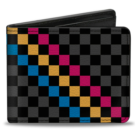 Bi-Fold Wallet - Checker Stripe Black Gray Blue Gold Pink