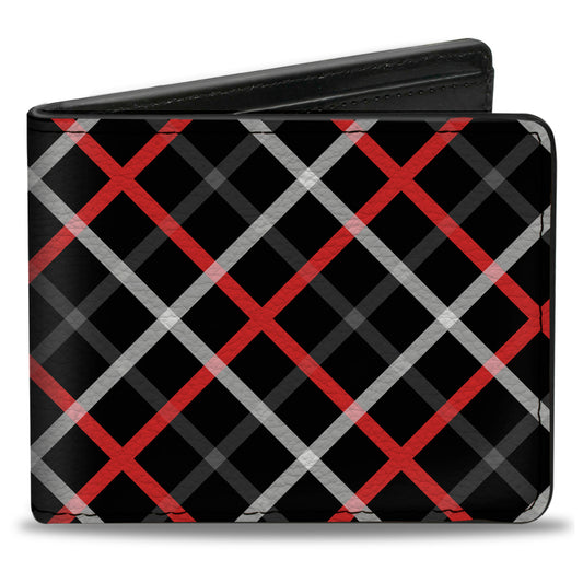 Bi-Fold Wallet - Criss Cross Plaid Black Gray Red