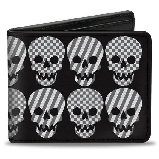 Bi-Fold Wallet - Checker & Stripe Skulls Black White Gray