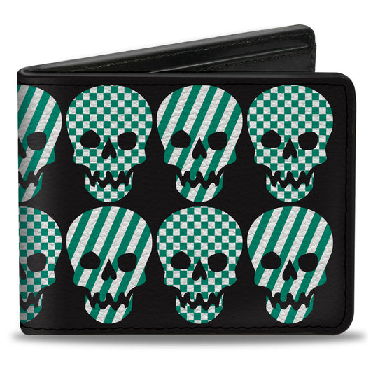 Bi-Fold Wallet - Checker & Stripe Skulls Black White Green