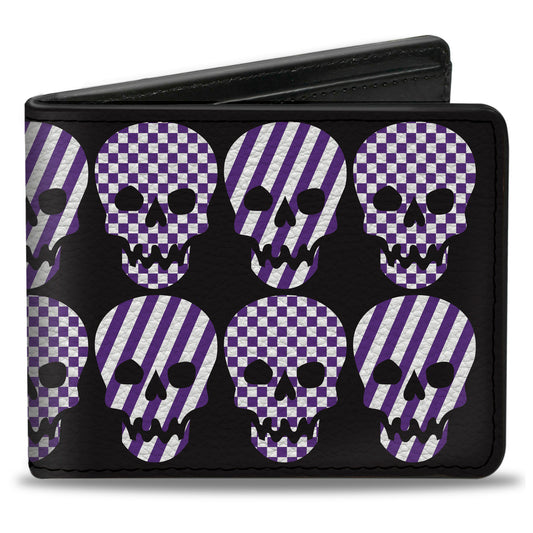 Bi-Fold Wallet - Checker & Stripe Skulls Black White Purple